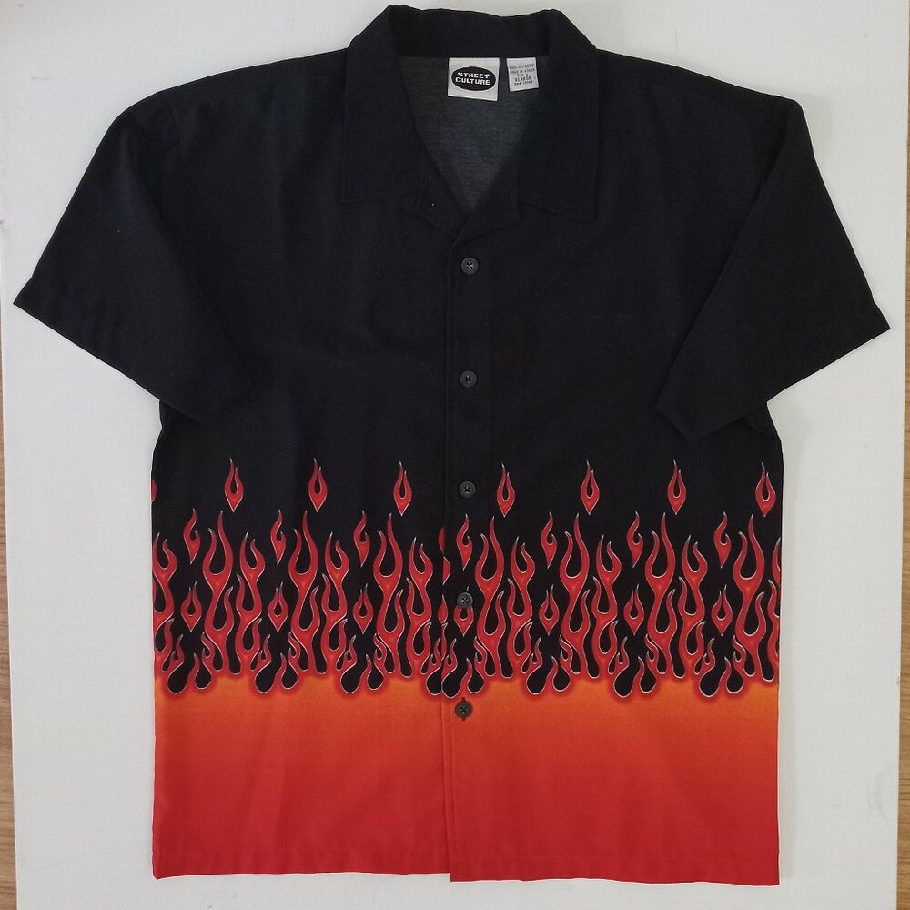 Vintage Street Culture Flames Bowling Shirt, XL